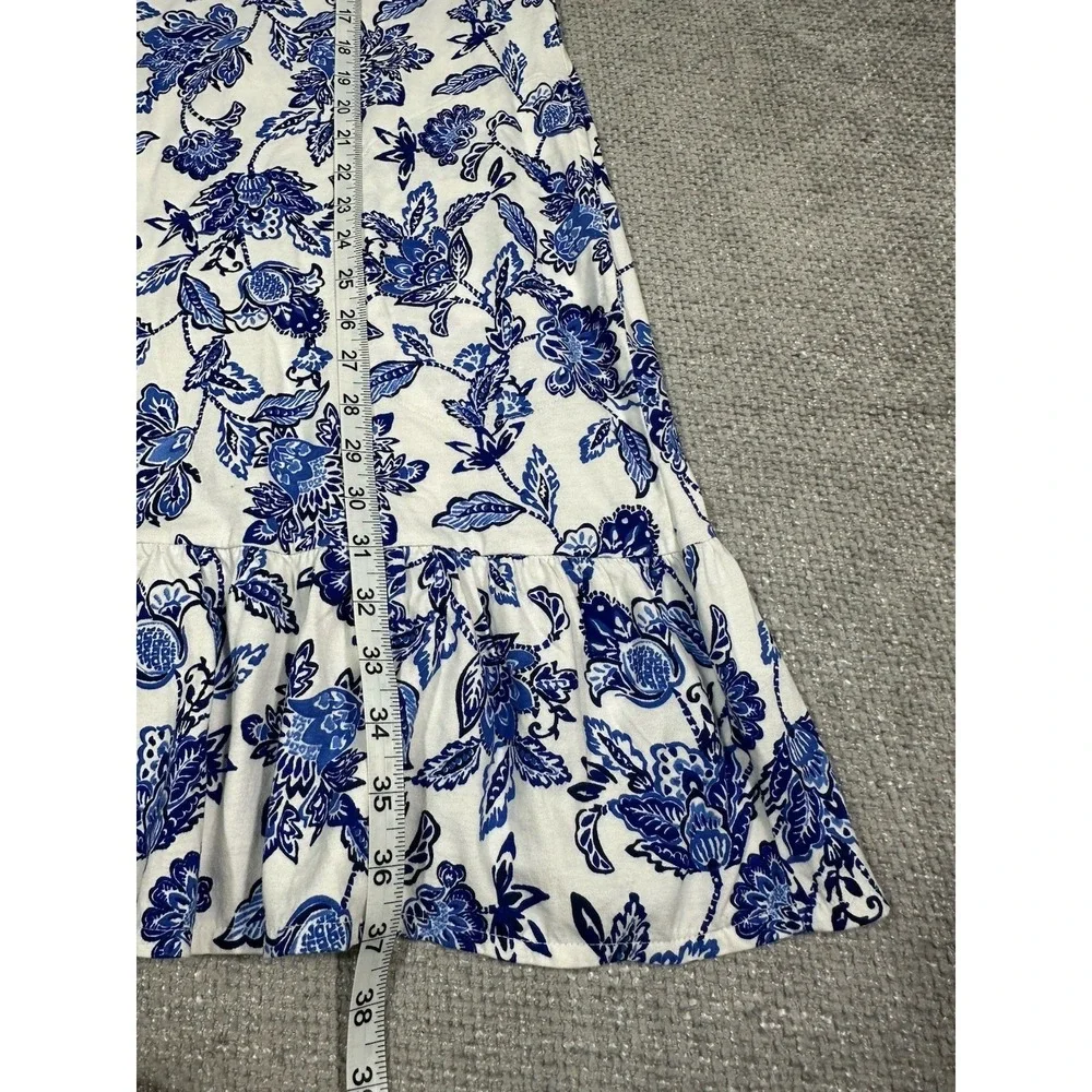 Lands End Dress Womens Large 14/16 Blue White Floral Cotton Flounce Tank Pockets - Picture 4 of 9